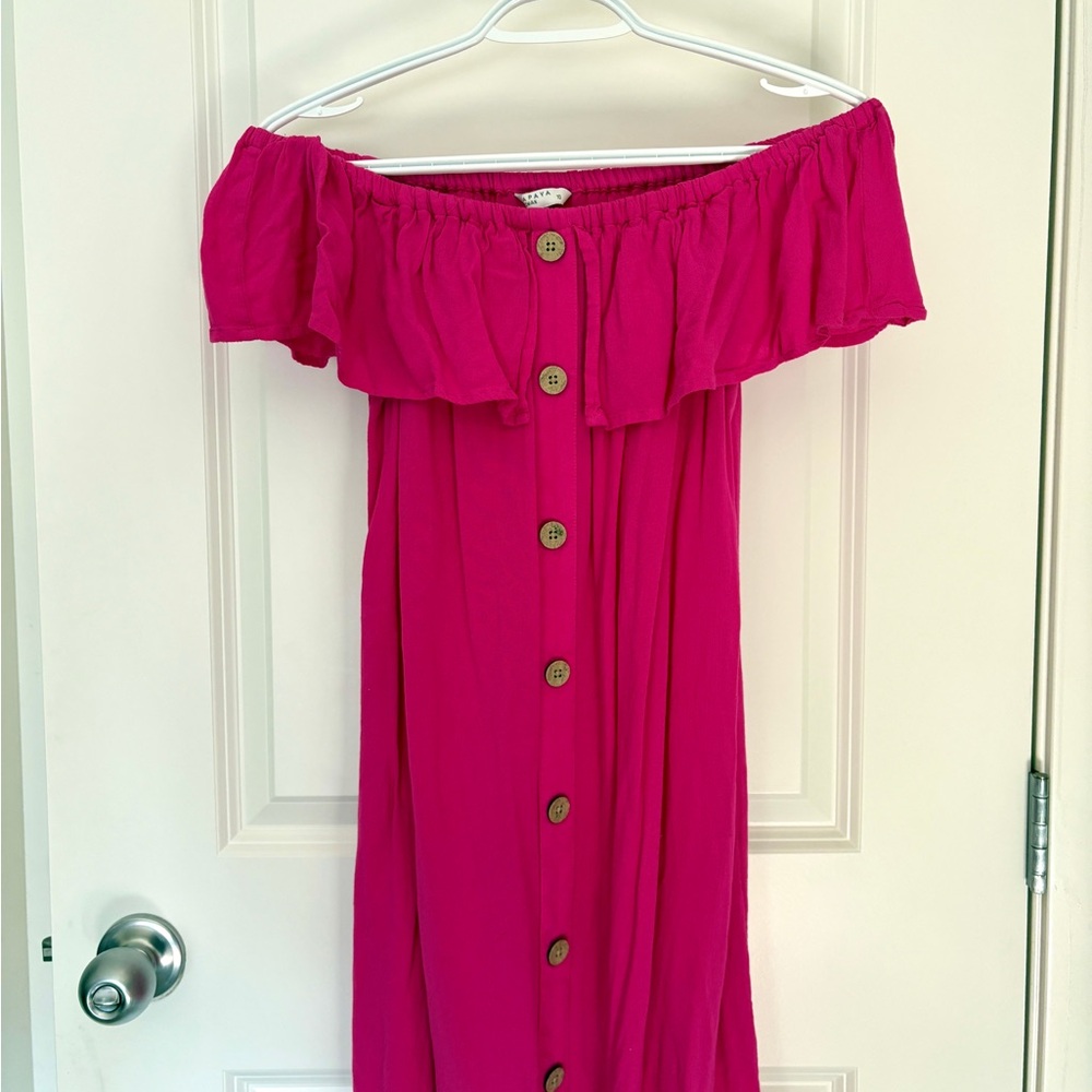 Pink Off-Shoulder Button-Down Dress